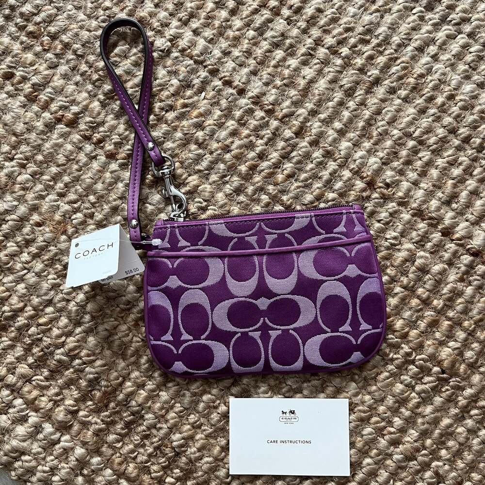 Coach Signature Sateen Small Wristlet Purple Plum Leather Trim NWT Y2K F48372